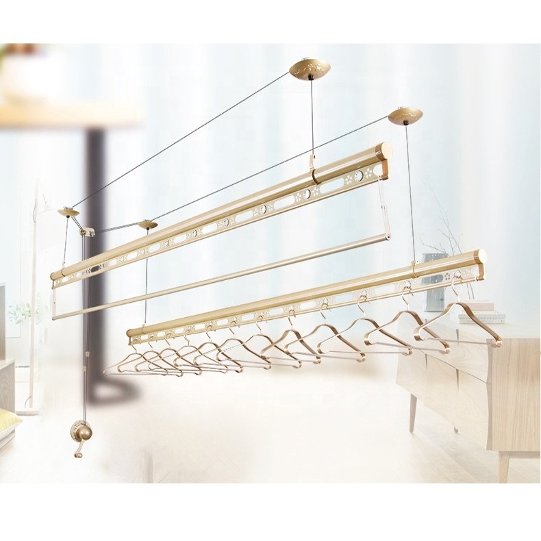 With Hangers Aluminum Alloy Material Balcony Clothes Drying Storage Rack Ceiling Mounted Manual Roll Up Clothes Drying Rack