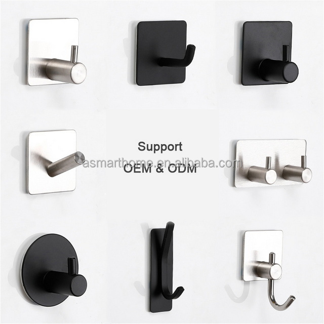 China Double Faced Adhesive Stainless Steel Silver Black Wall Door Hooks Kitchen Shower Self-Adhesive Towel Hanger