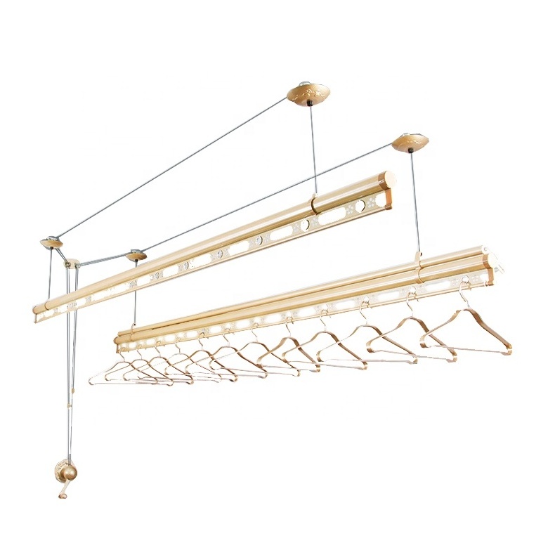 With Hangers Aluminum Alloy Material Balcony Clothes Drying Storage Rack Ceiling Mounted Manual Roll Up Clothes Drying Rack