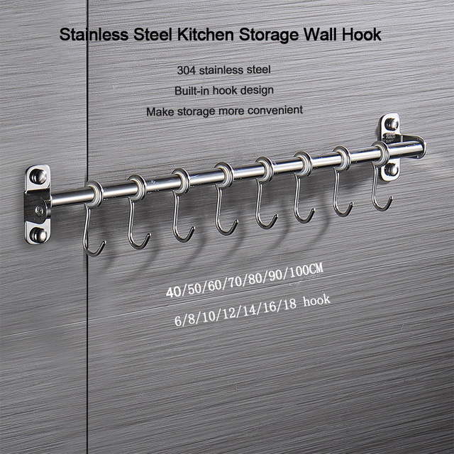 Custom Logo Multifunction High Quality Kitchen Storage Organizer Wall mount hook Stainless Steel Hanging Pole shelf Rack