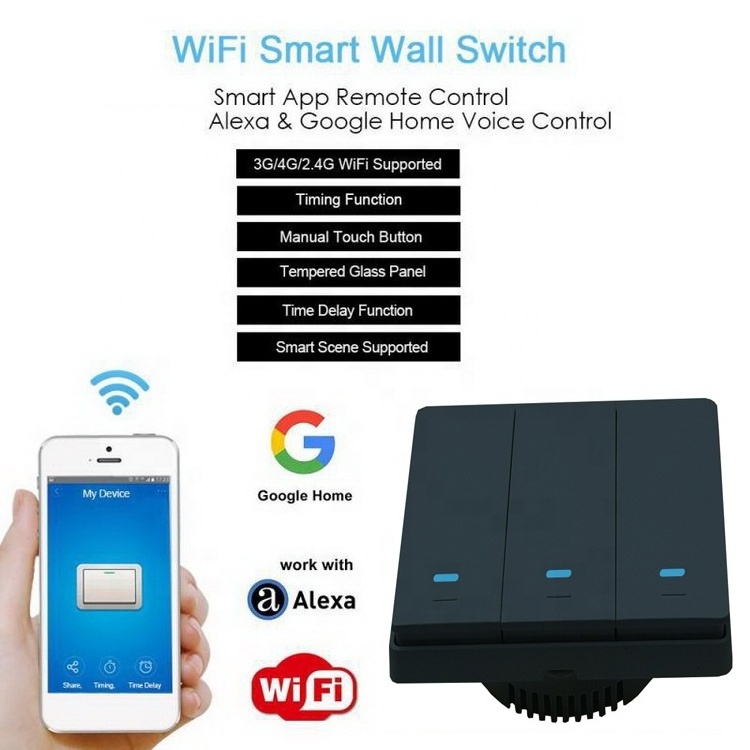 Wireless EU UK wifi switch smart life app google alexa voice remote control 1 2 3 gang button black tuya smart switch no neutral