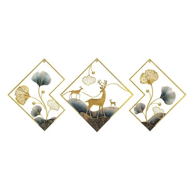 Golden Wrought Iron 3D Light Luxury Art Square Wall Sculpture-3 Sets of Wall Decoration