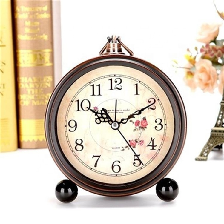 Classical Table Clock Antique Metal Arabic Numerals Retro Decorative Desktop Clock