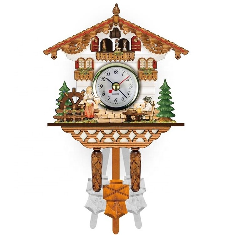 High Quality Nordic Style Christmas Vivid Handcrafted Vintage Pendulum Cuckoo Wall Clock with Bird Sound