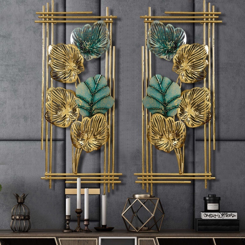 Luxury Wrought Iron Living Room Lobby Entrance Wall Decoration Gold Metal Leaves Wall Hanging Decor for Hotel Cafes Office