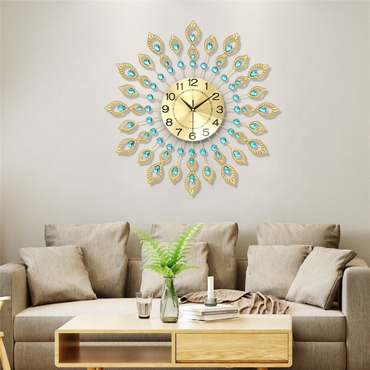 Diamond Decoration Metal Design Crystal Peacock Luxury Wall Clock Home Decoration