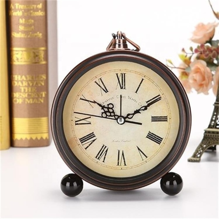 Classical Table Clock Antique Metal Arabic Numerals Retro Decorative Desktop Clock