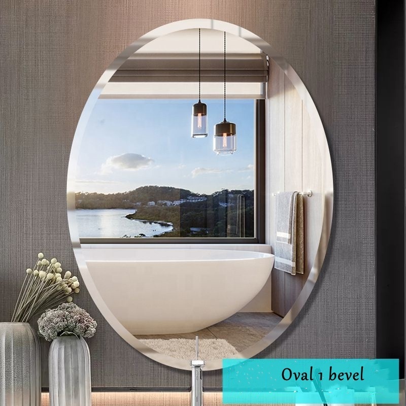 Modern Simple Oval Shape Frameless Beveled Glass Bath Mirror Stick on the Wall