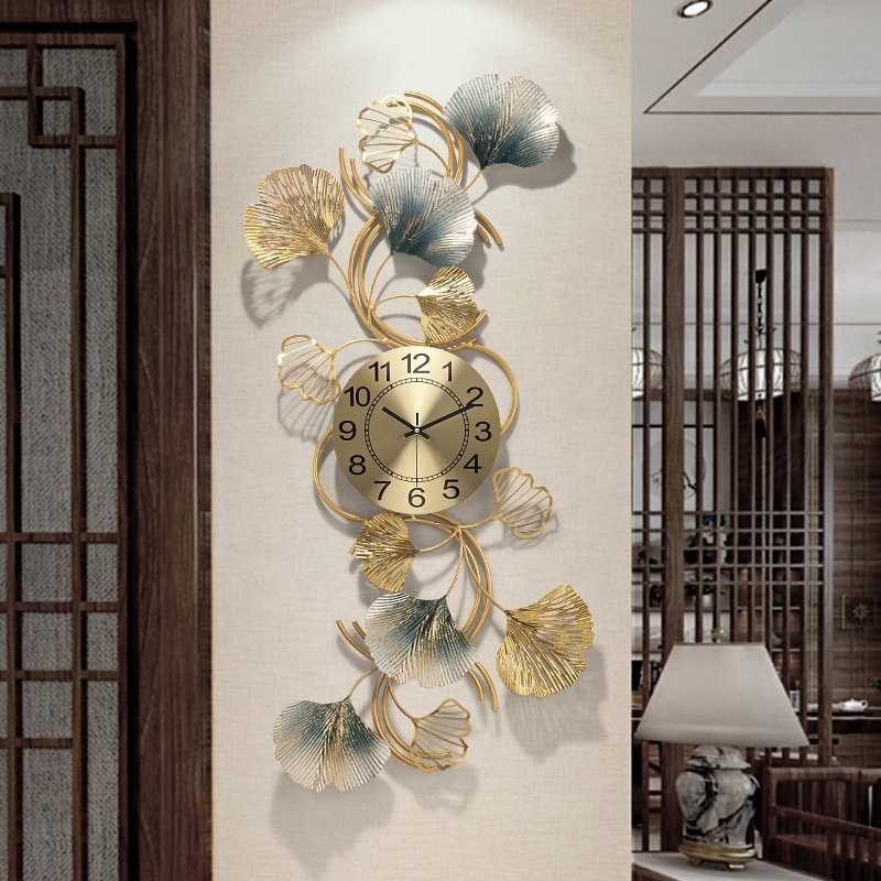 Luxury New Chinese Style Handmade Ginkgo Leaf Design Decorative Iron Wall Clocks