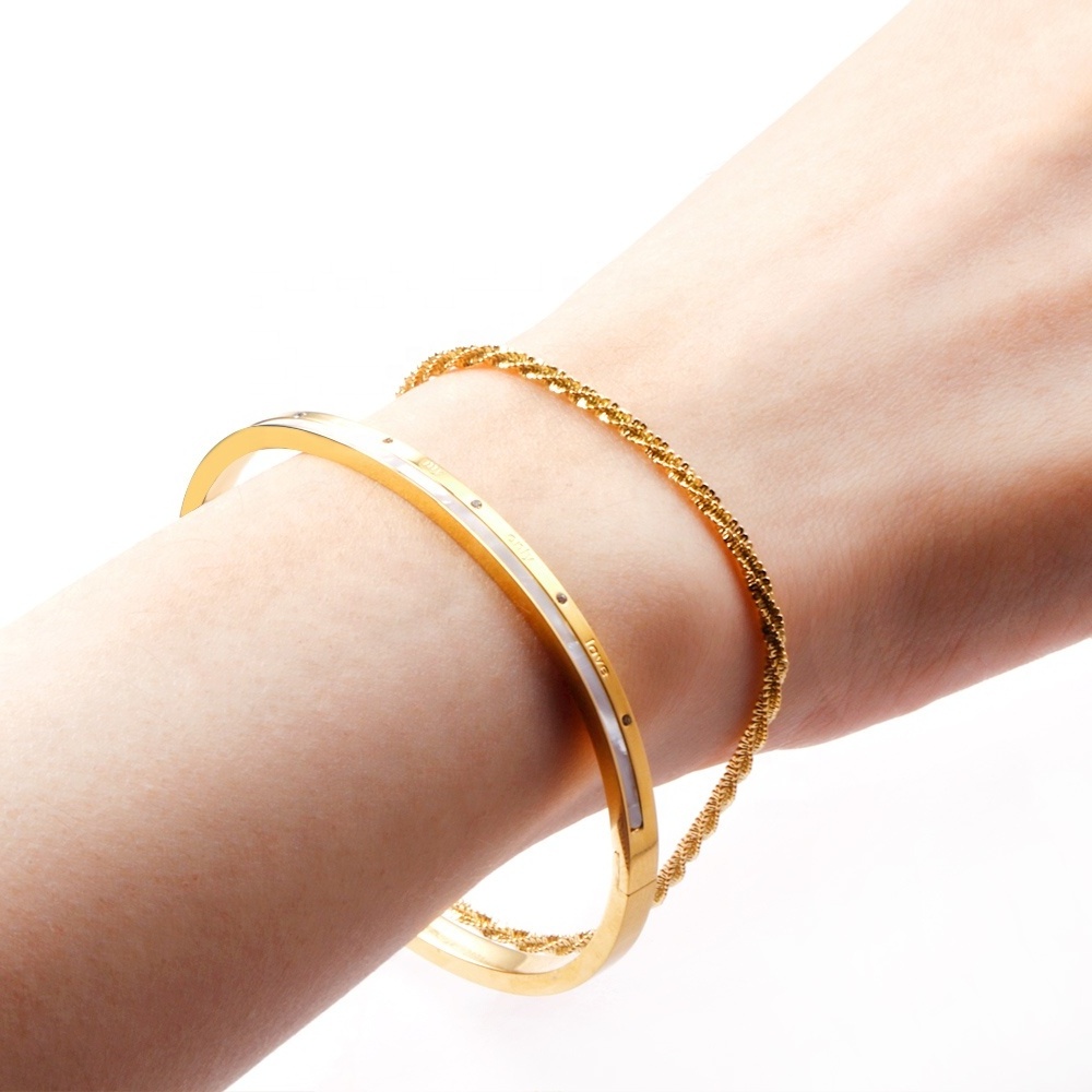 Waterproof Women Bracelet Bangle Jewelry Custom 18k Gold Plated Stackable Cable Wire Stainless Steel Open Cuff Bangle Bracelet