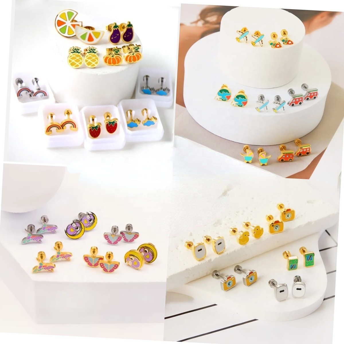 Personalized Custom Design Enamel Kids Earrings Hypoallergenic 18KPvd Gold Plated Stainless Steel Stud Earring For Woman Jewelry