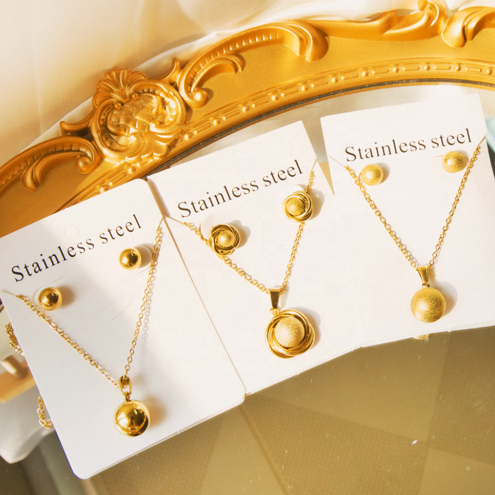 Fashion Jewellery Acero inoxidable Spherical Pendant Necklace Earrings Gift Set PVD 18k Gold Plated Stainless Steel Jewelry Set