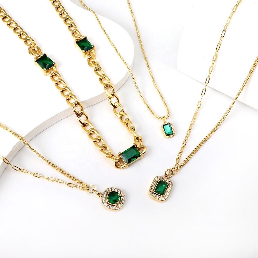 Vintage Emerald Stainless Steel Zircon Necklace Women Watrtproof 18K Gold Plated Jewelry Pendant Necklace