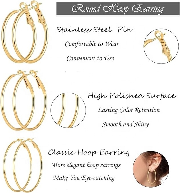 Ason Fashion jewelry Stainless Steel 18k gold Plated Hoop Earrings for Girls Hypoallergenic Hoops Women's Earrings Loop Earrings