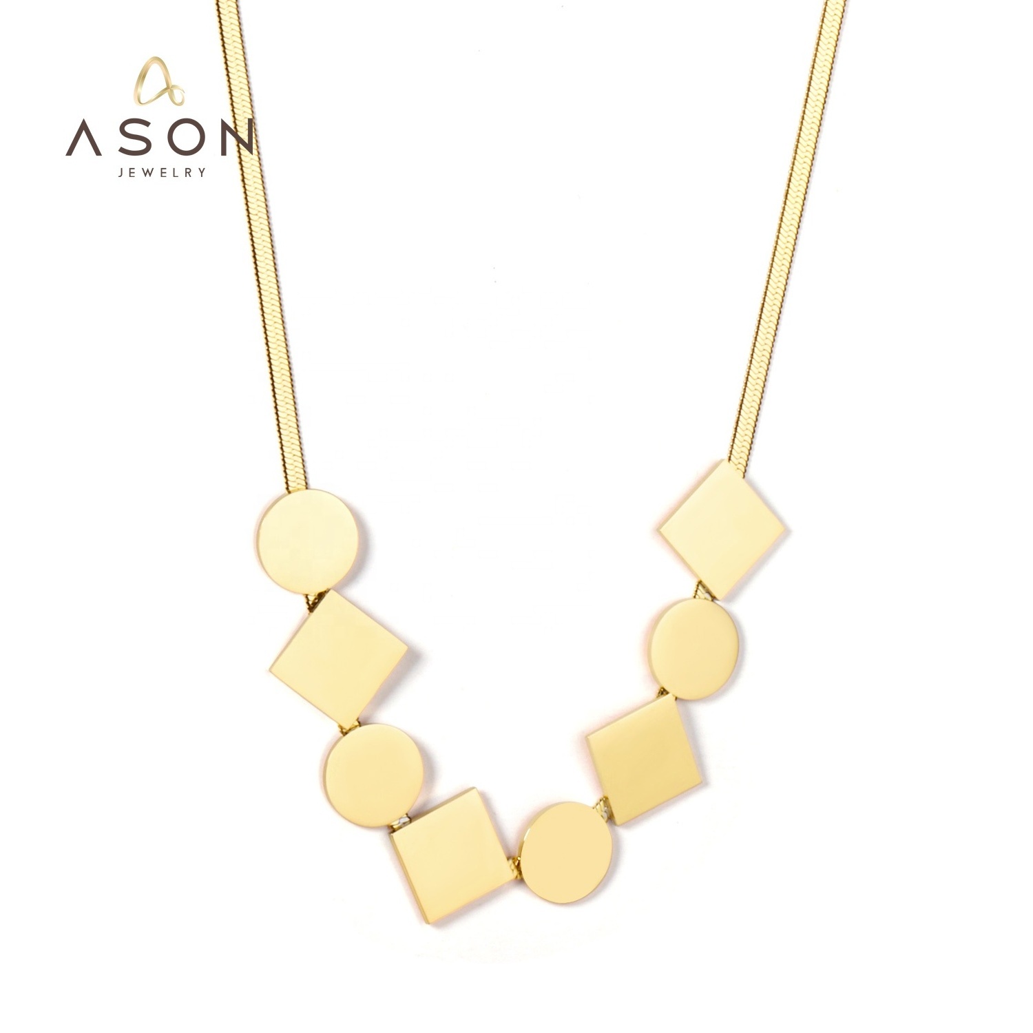 Ason Fashion Jewelry Stainless Steel 18k gold plated Pendant Necklace Women Square and circle combination Choker chain Necklace