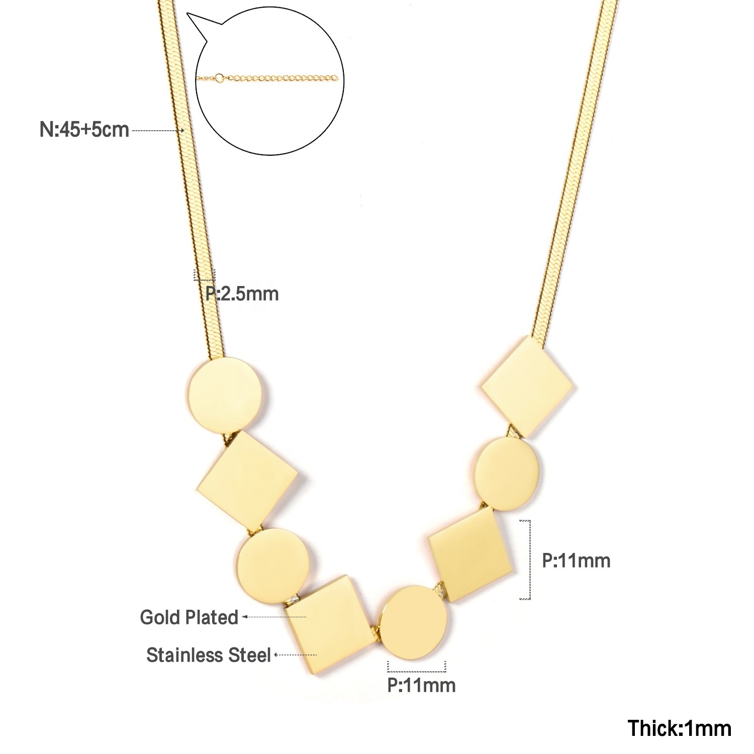 Ason Fashion Jewelry Stainless Steel 18k gold plated Pendant Necklace Women Square and circle combination Choker chain Necklace