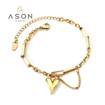 Ason Fashion women Double Chain Layered Bracelet 18k gold plated stainless steel charms Trendy dainty heart bracelet for lovers