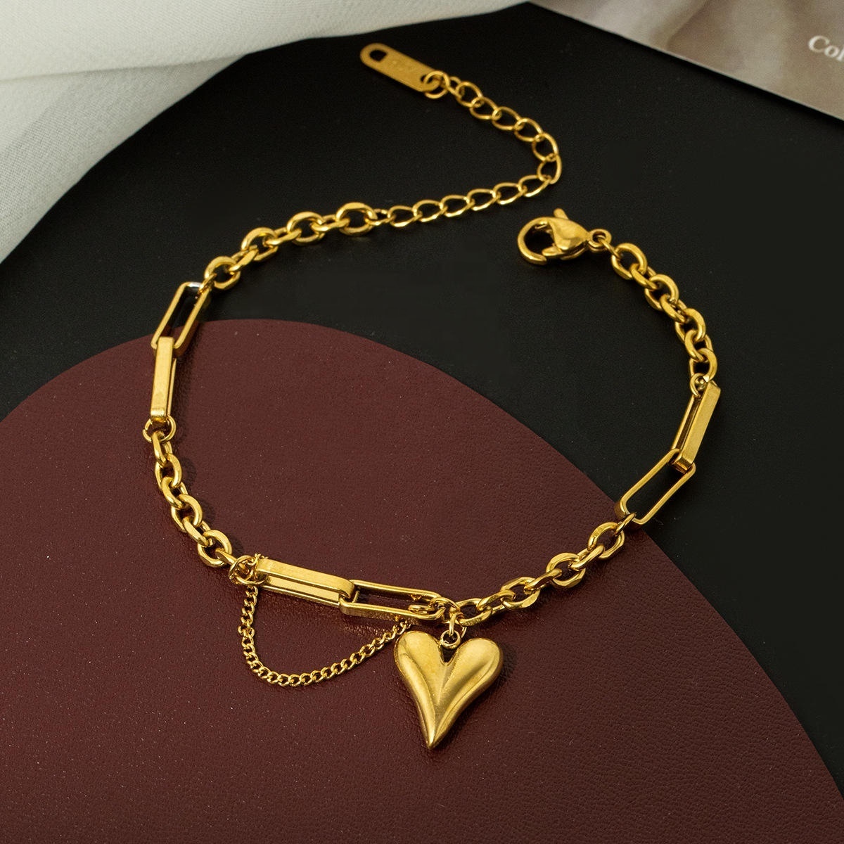 Ason Fashion women Double Chain Layered Bracelet 18k gold plated stainless steel charms Trendy dainty heart bracelet for lovers