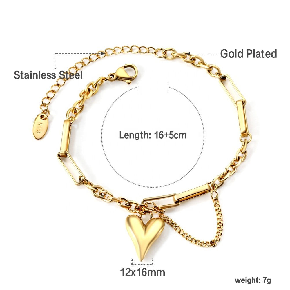 Ason Fashion women Double Chain Layered Bracelet 18k gold plated stainless steel charms Trendy dainty heart bracelet for lovers