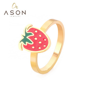 Ason Factory Wholesale High Quality Girls Cute Fruit Rings Gold Color Strawberry Stainless Steel Ring