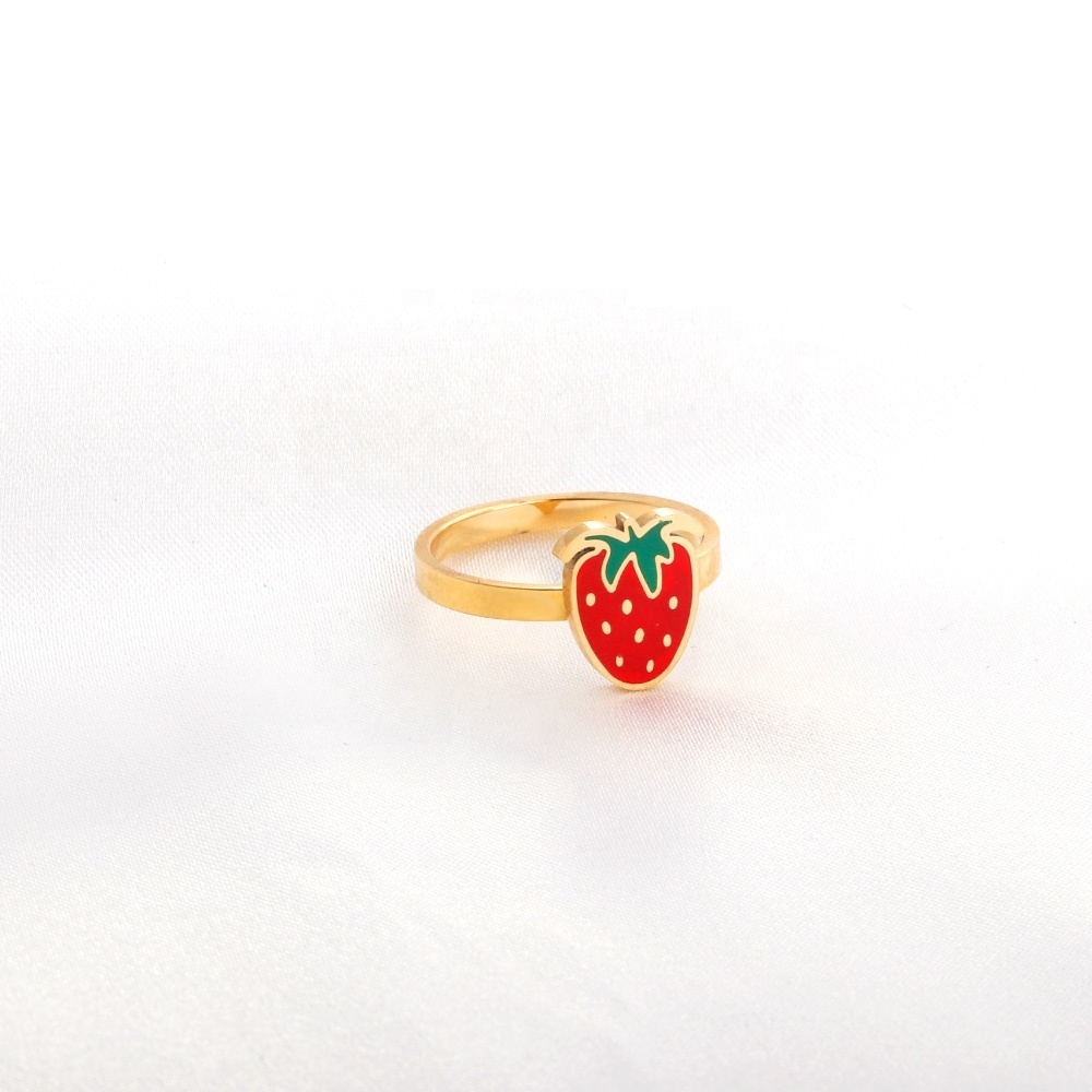 Ason Factory Wholesale High Quality Girls Cute Fruit Rings Gold Color Strawberry Stainless Steel Ring