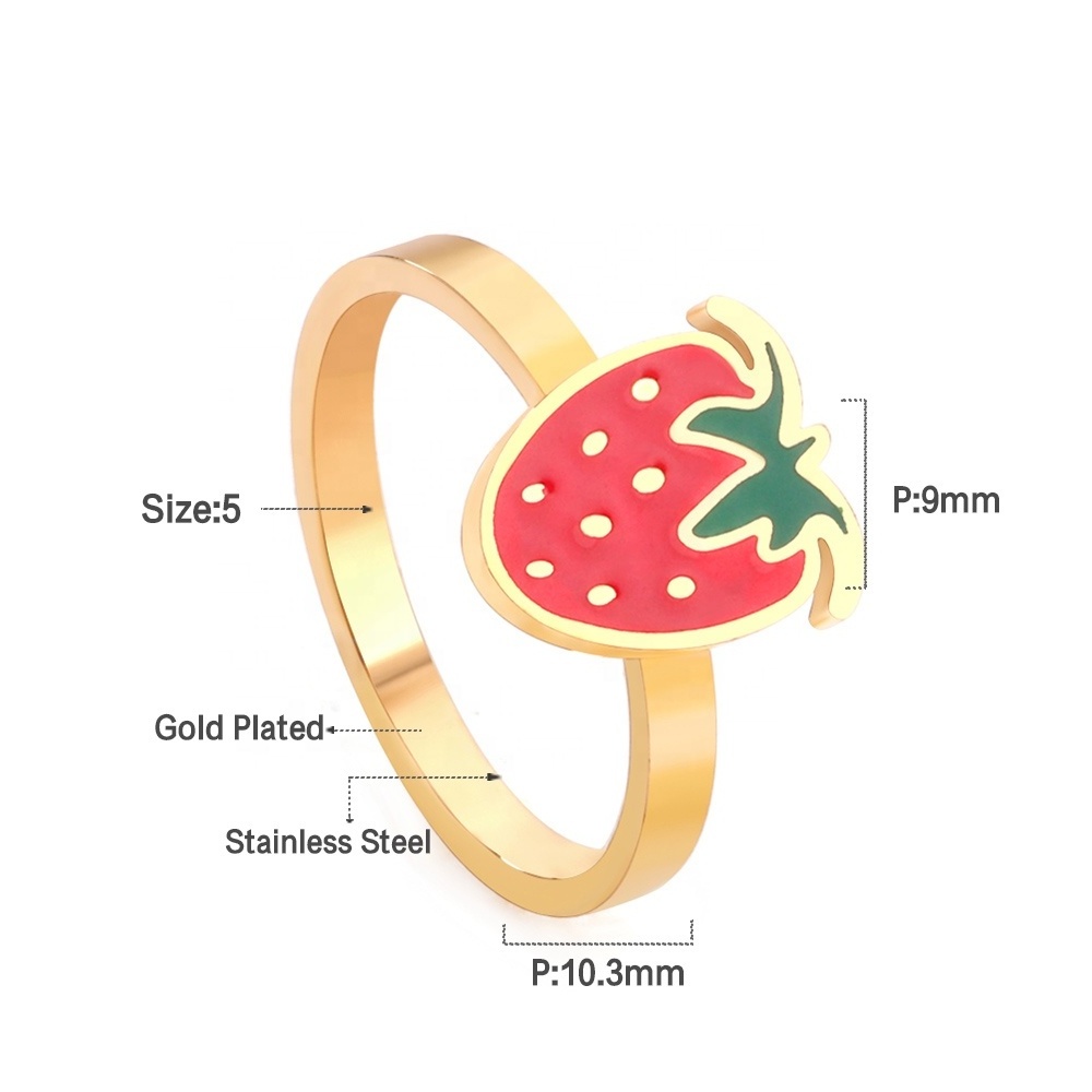 Ason Factory Wholesale High Quality Girls Cute Fruit Rings Gold Color Strawberry Stainless Steel Ring