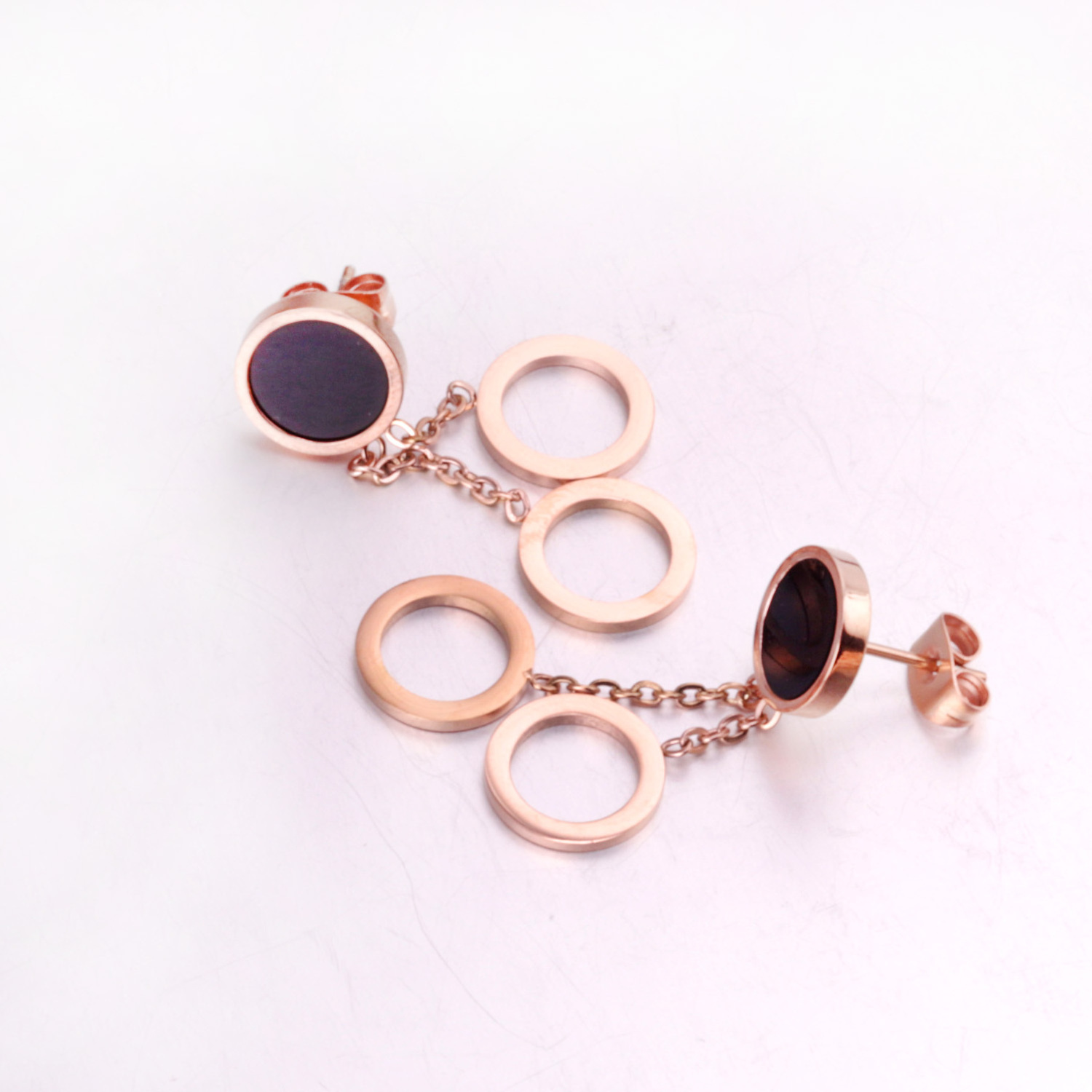 Fashion earring designs new model Stainless steel costume rose gold cut three circles black shell pendant women earrings