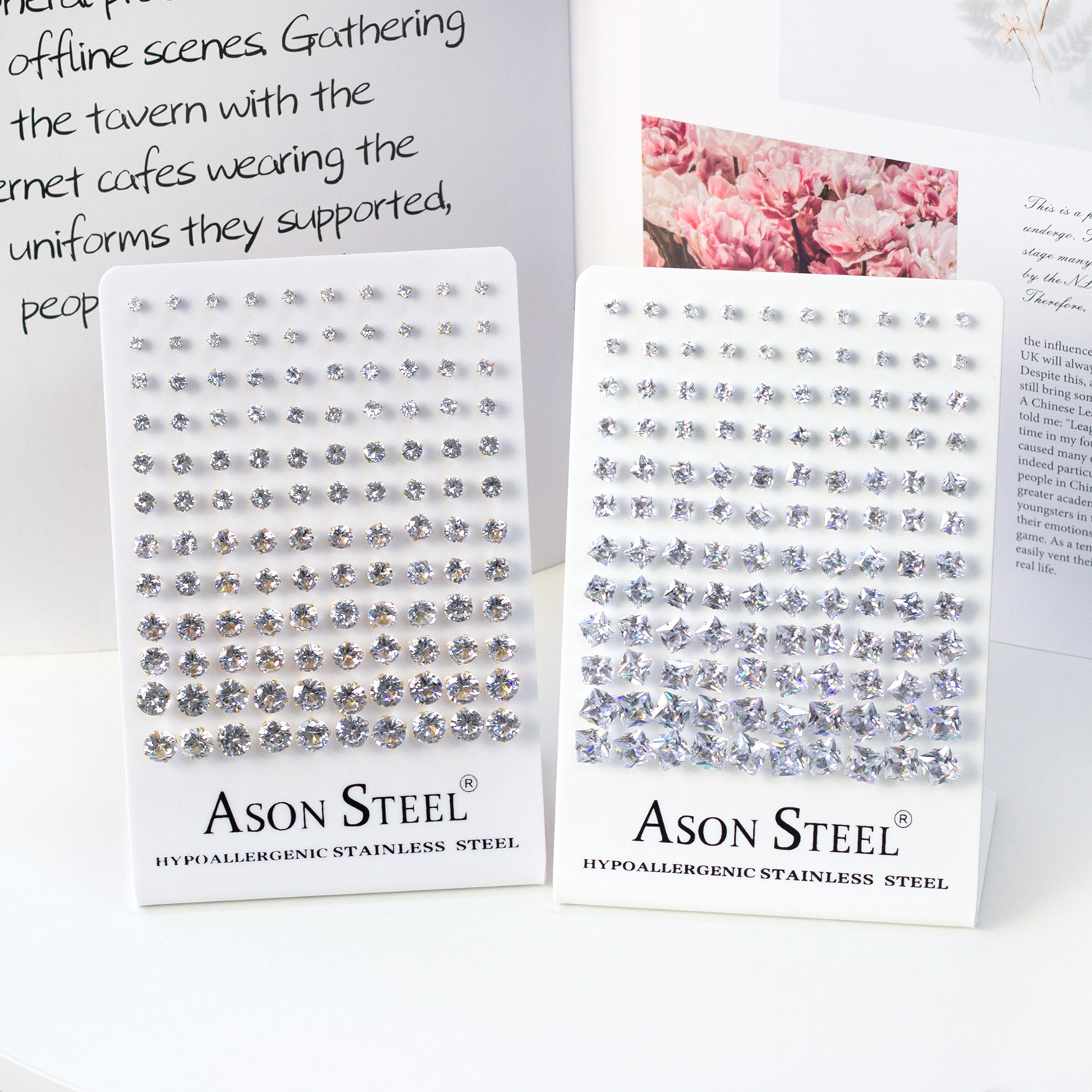 Ason Hot selling Stainless Steel Crystal Round Zircon Stud Earrings Display Card