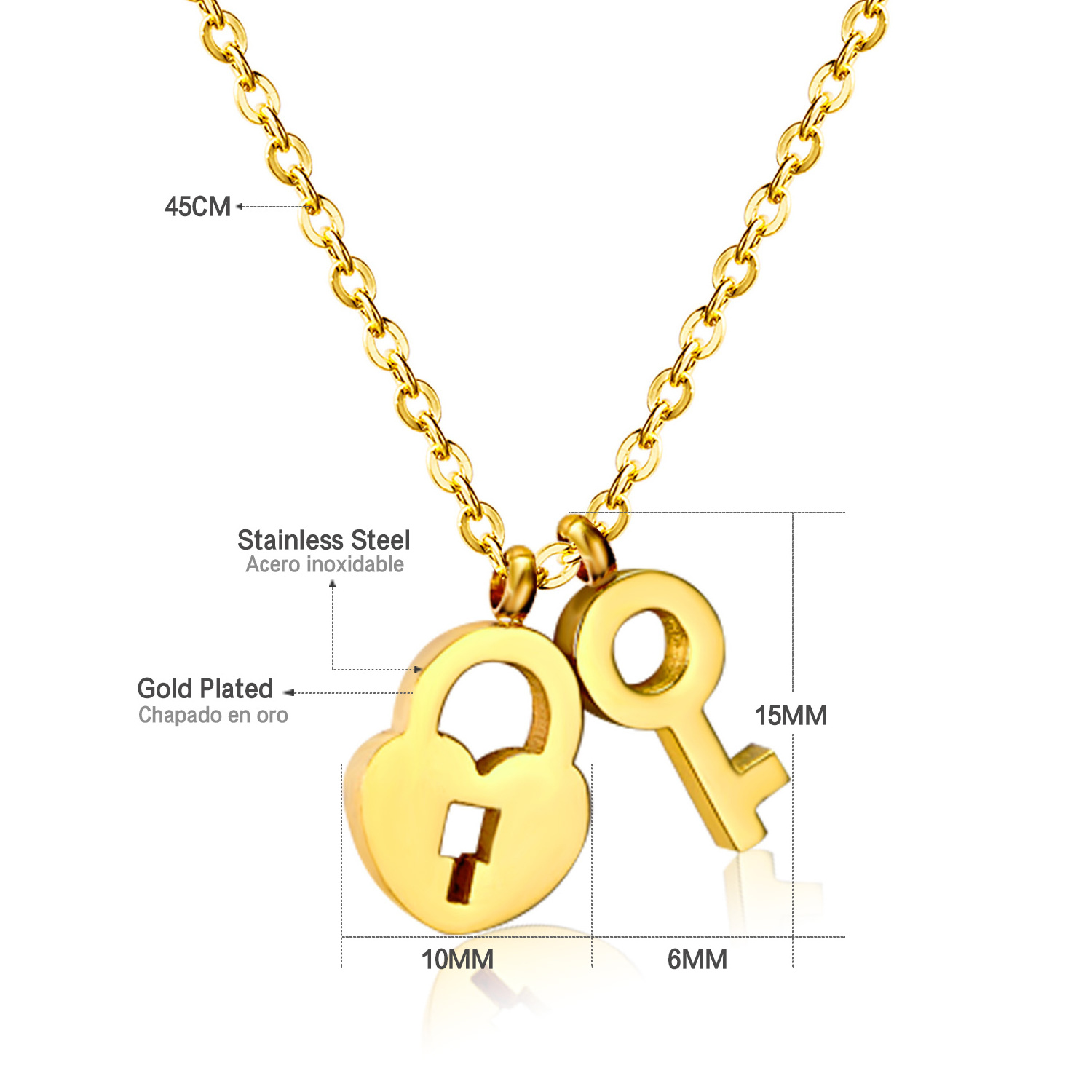 Stainless Steel Jewelry Necklace 18k Gold Plated Locket With Key Necklace