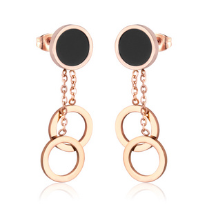 Fashion earring designs new model Stainless steel costume rose gold cut three circles black shell pendant women earrings