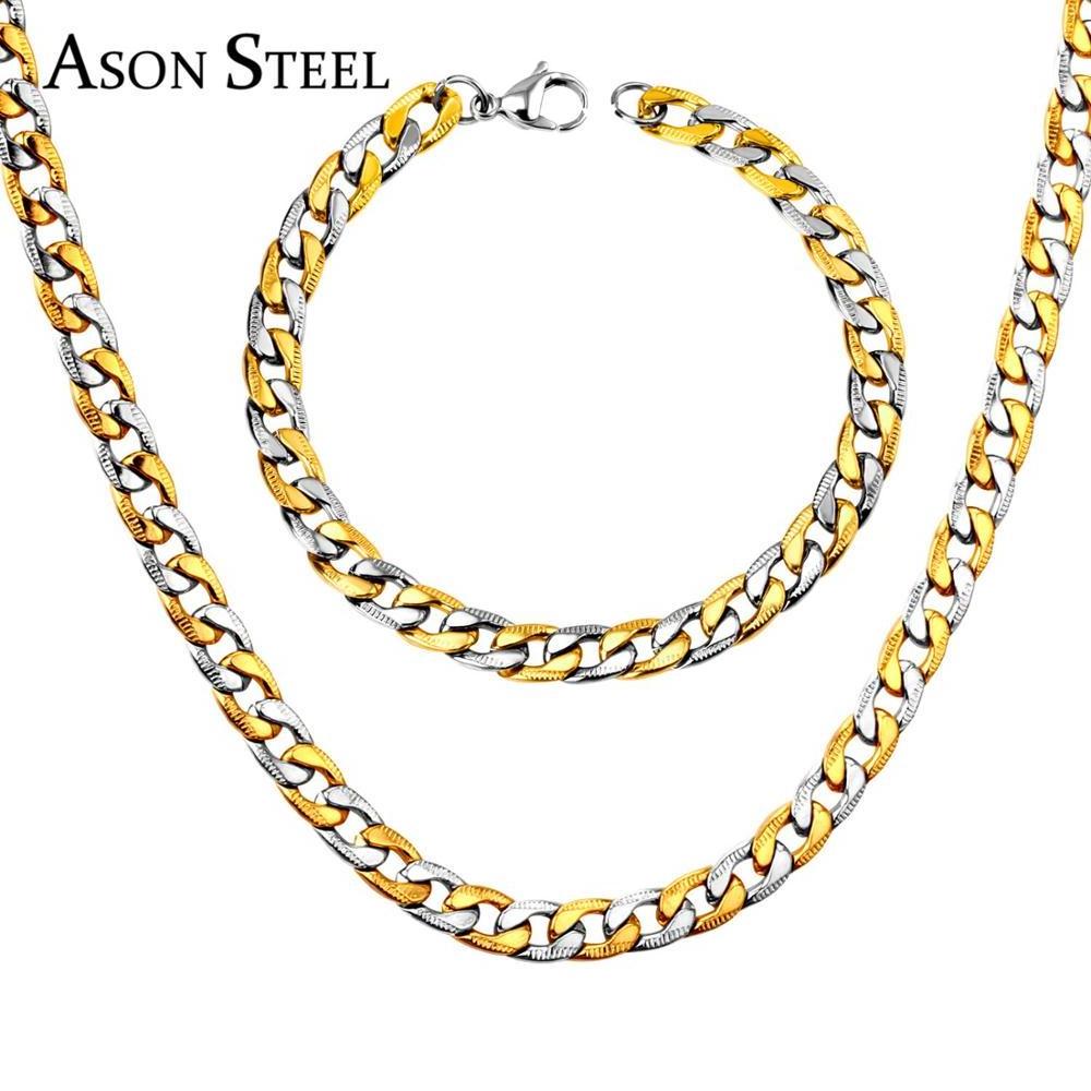 316 Men Stainless Steel Jewelry Sets Necklace And Bracelet Stainless Steel Magnetic Clasps Gold Plated Chain Sets