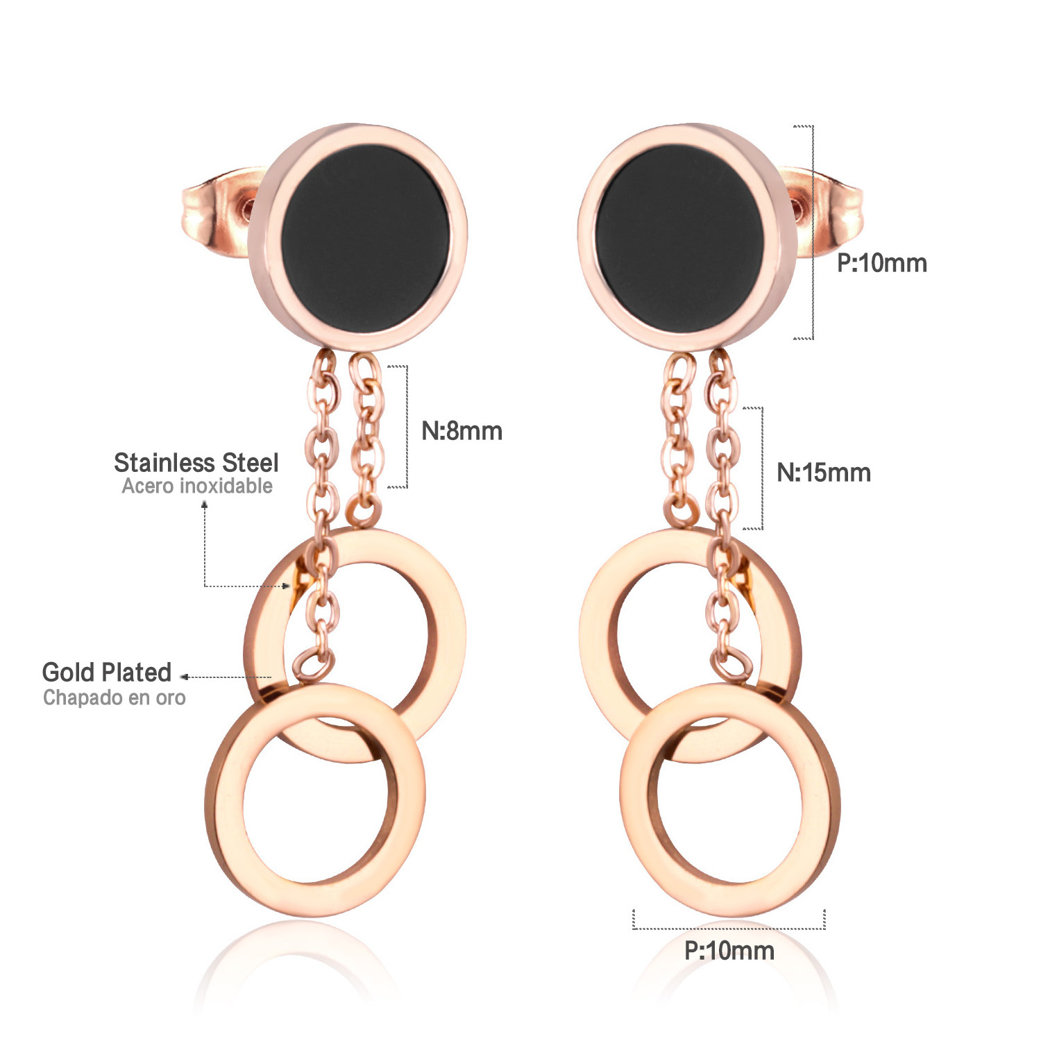 Fashion earring designs new model Stainless steel costume rose gold cut three circles black shell pendant women earrings