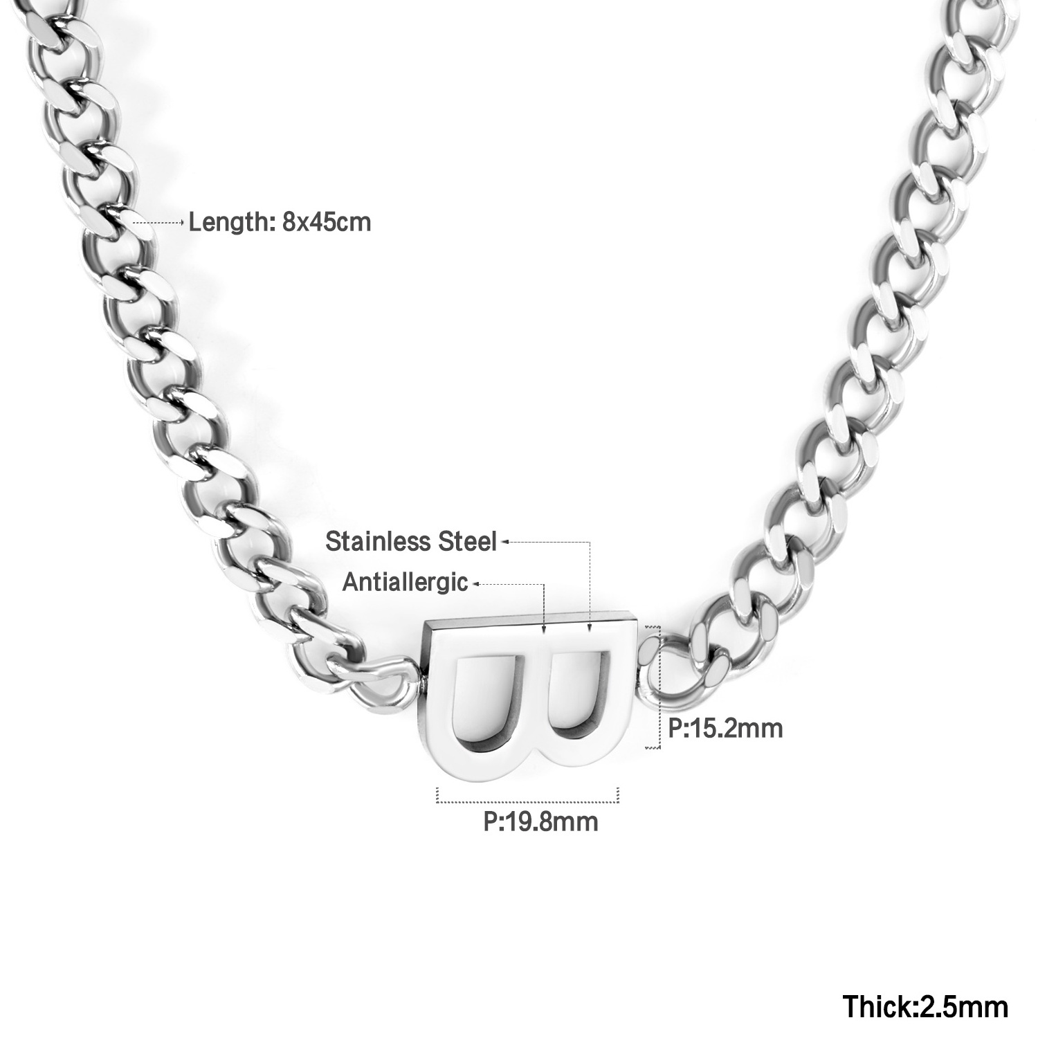 Hypoallergenic Waterproof Vacuum plating Stainless Steel Cuban Chain B letter Pendant Necklace