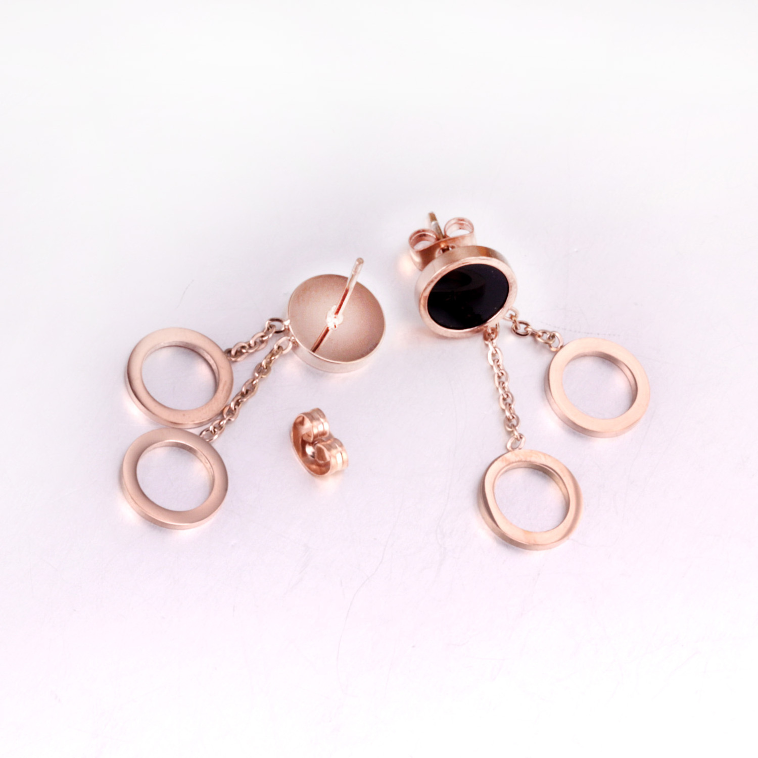 Fashion earring designs new model Stainless steel costume rose gold cut three circles black shell pendant women earrings