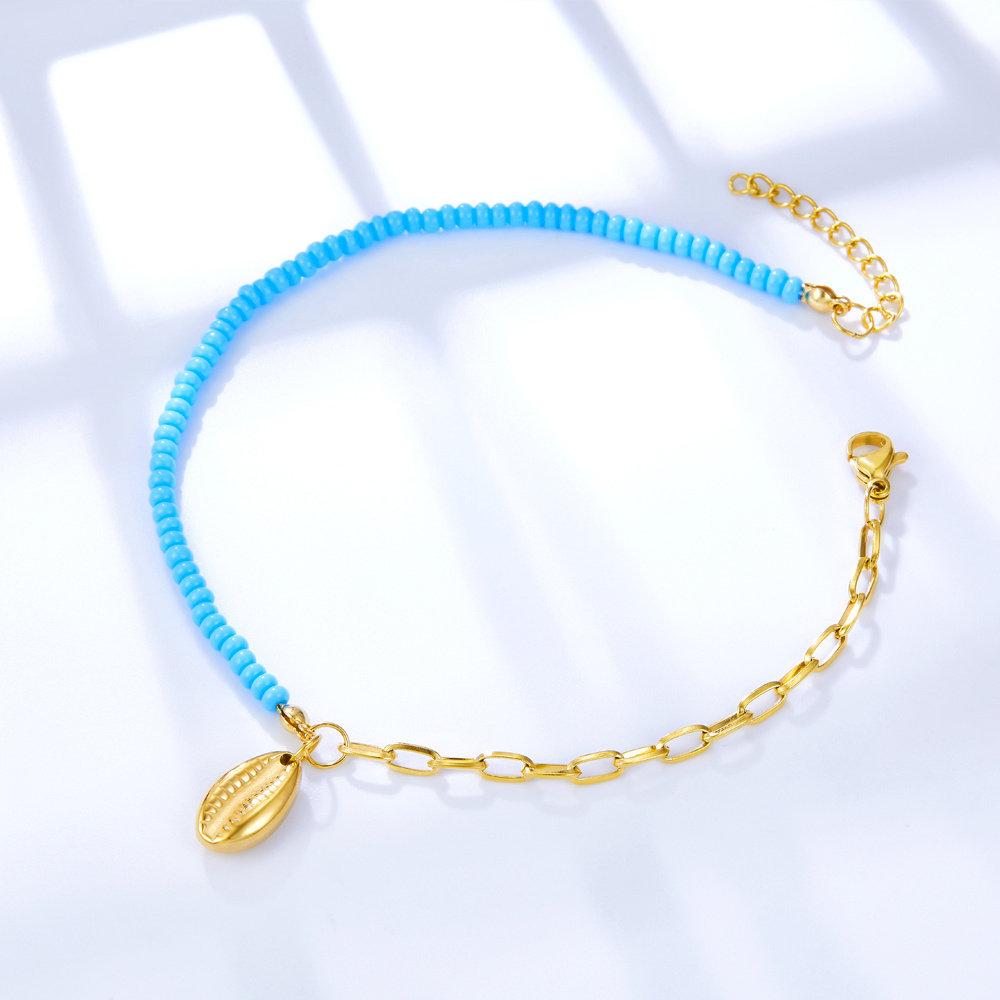 Beach Style Anklet  18K Gold  Women Beach Style Anklet  18K Gold  Women Jewelry Stainless Steel Snake Heart shape  Blue Bead  Do