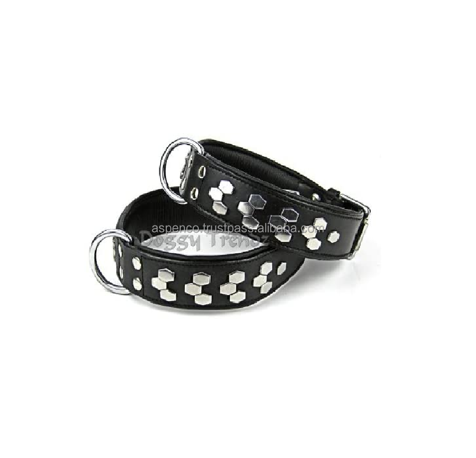 Leather Dog Collars hexagon smart chrome studs Leather Dog Collar smart pet collar