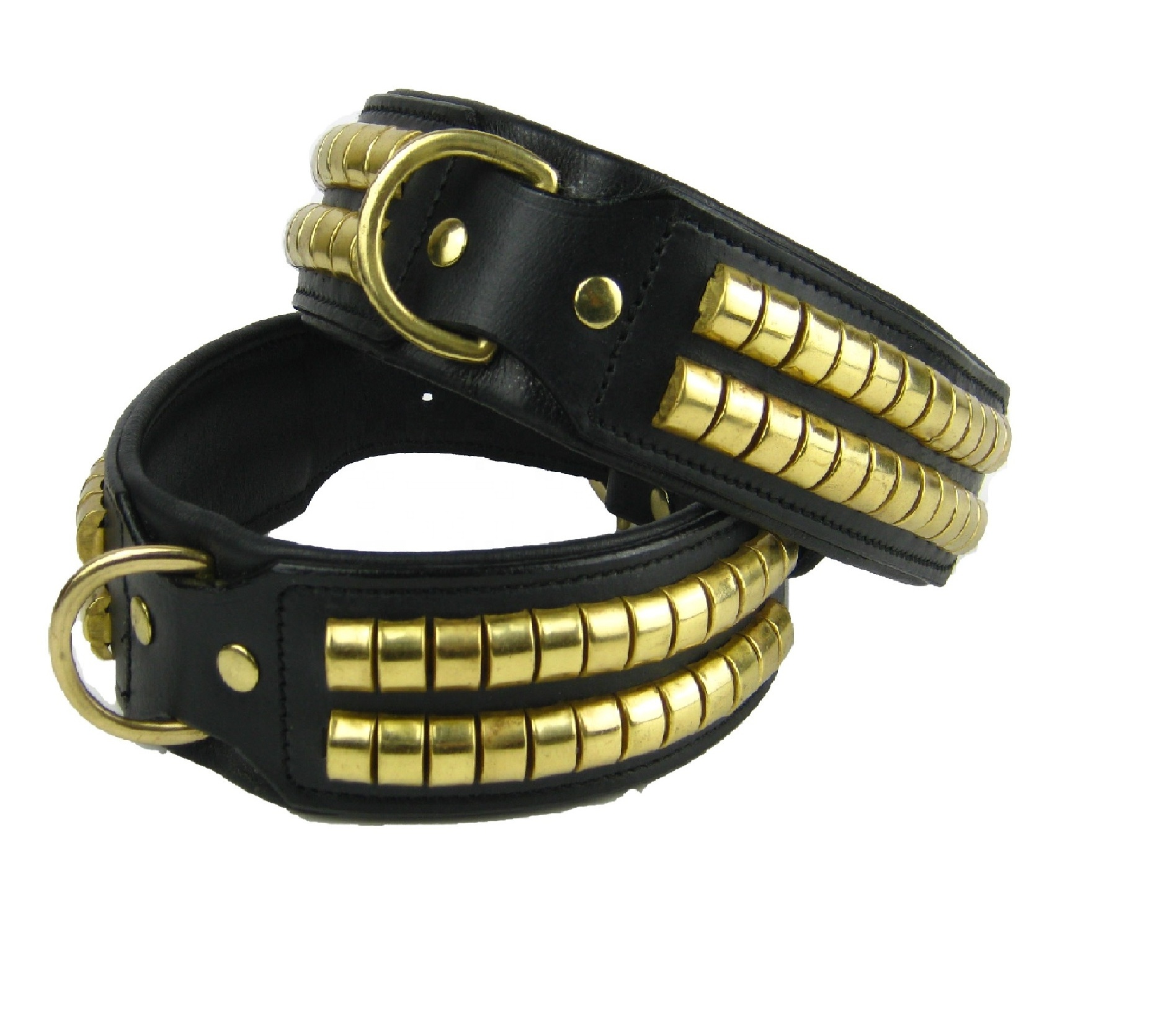 Leather Dog Collar Pet Products Wide Two Row Studded solid brass studs and fittings Leather Dog Collar Padded