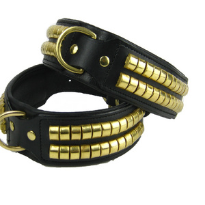 Leather Dog Collar Pet Products Wide Two Row Studded solid brass studs and fittings Leather Dog Collar Padded