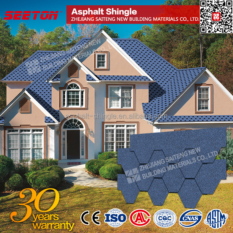 Cheap Types of Roofing Materials Blue Mosaic / Hexagonal Bitumen Shingles