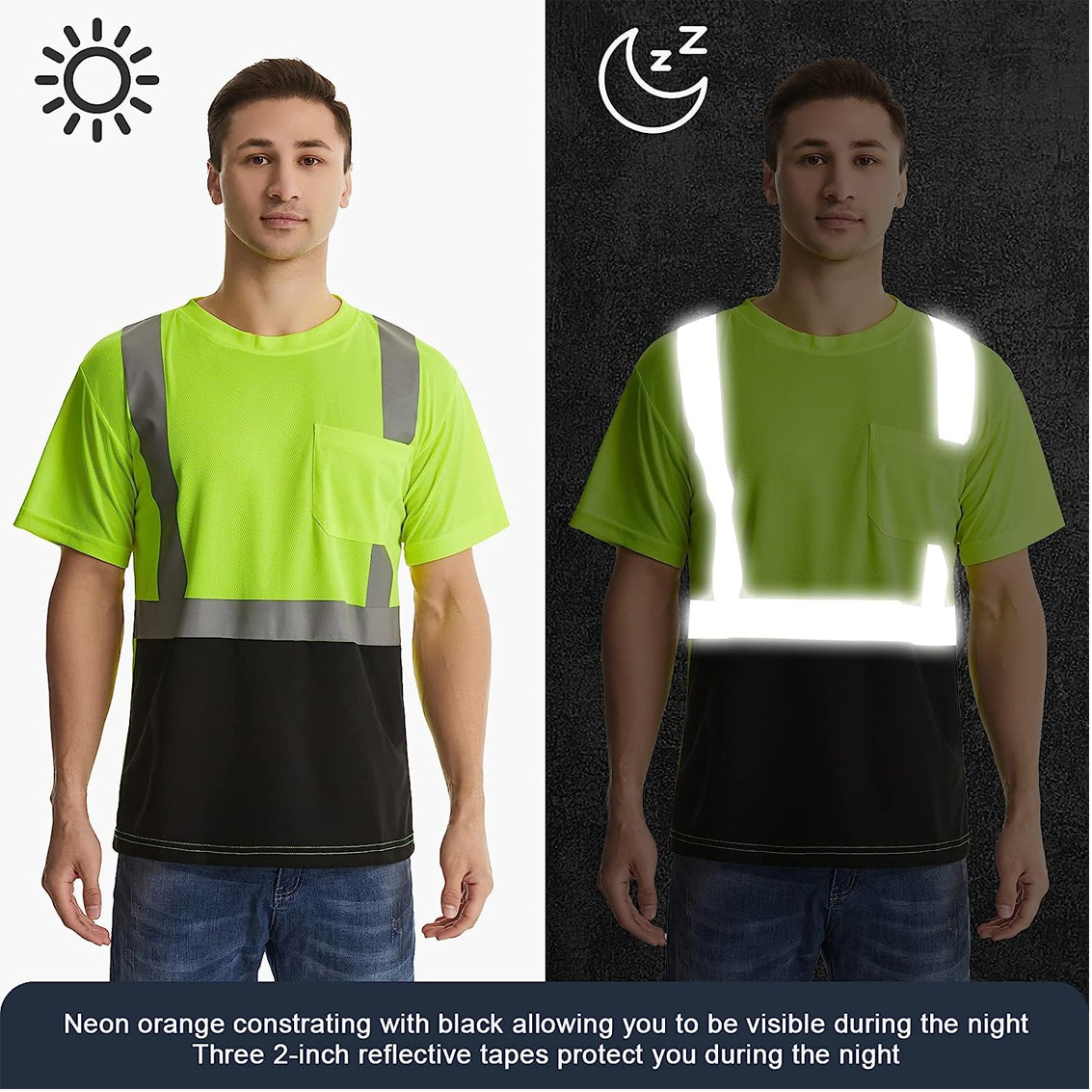 Men's Hi Vis Reflective Crew Neck Short Sleeve T Shirt Reflective Strip Short Sleeve Polyester Fabric And Shoulder Straps