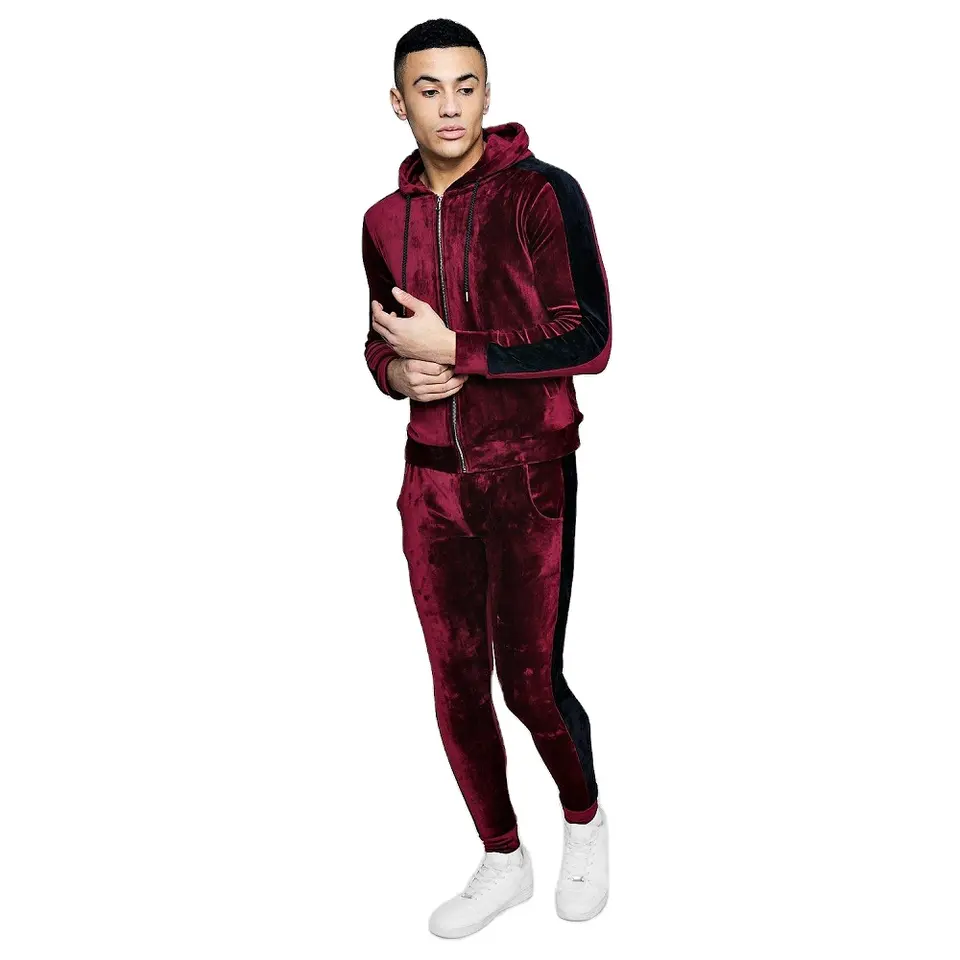 Wholesale OEM Maroon Velvet Custom Logo Running Joggers Casual Outdoor Fashion Tracksuits & Sweat Suits For Men