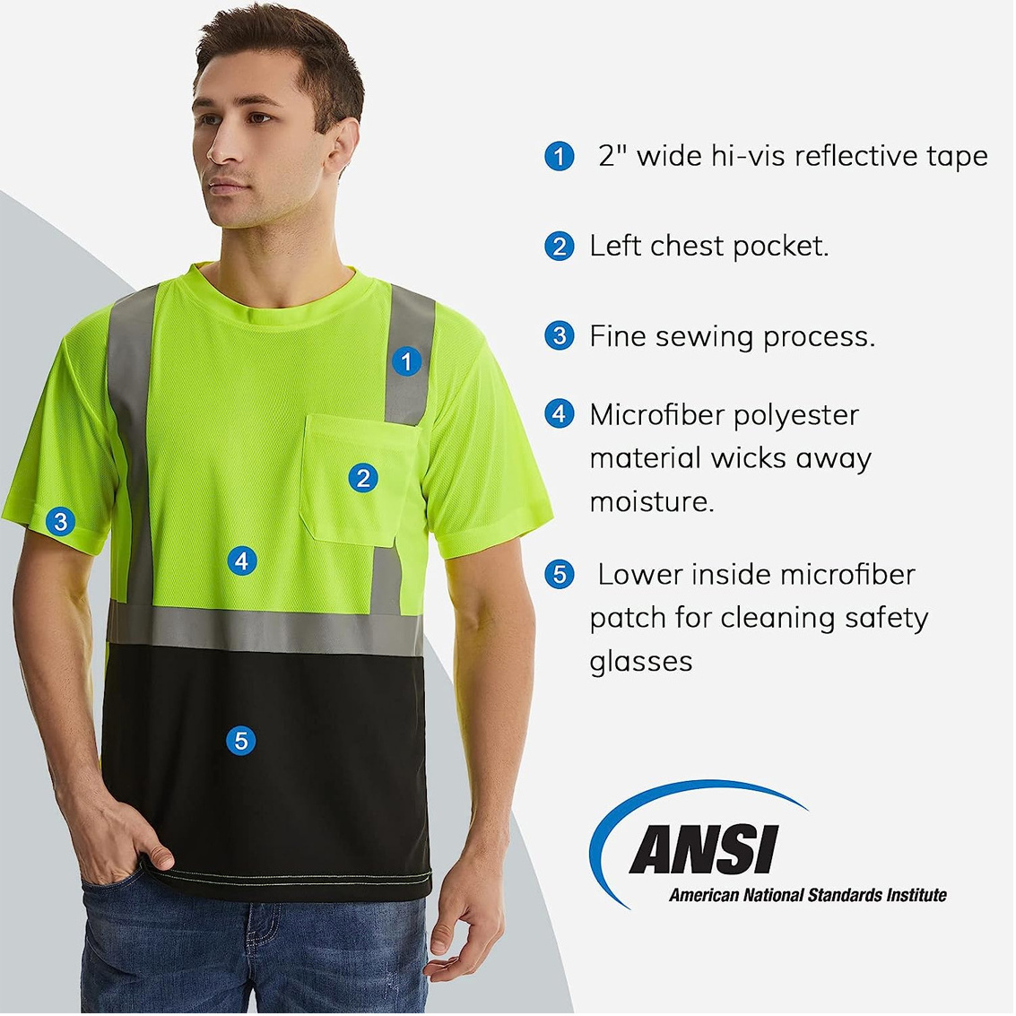 Men's Hi Vis Reflective Crew Neck Short Sleeve T Shirt Reflective Strip Short Sleeve Polyester Fabric And Shoulder Straps