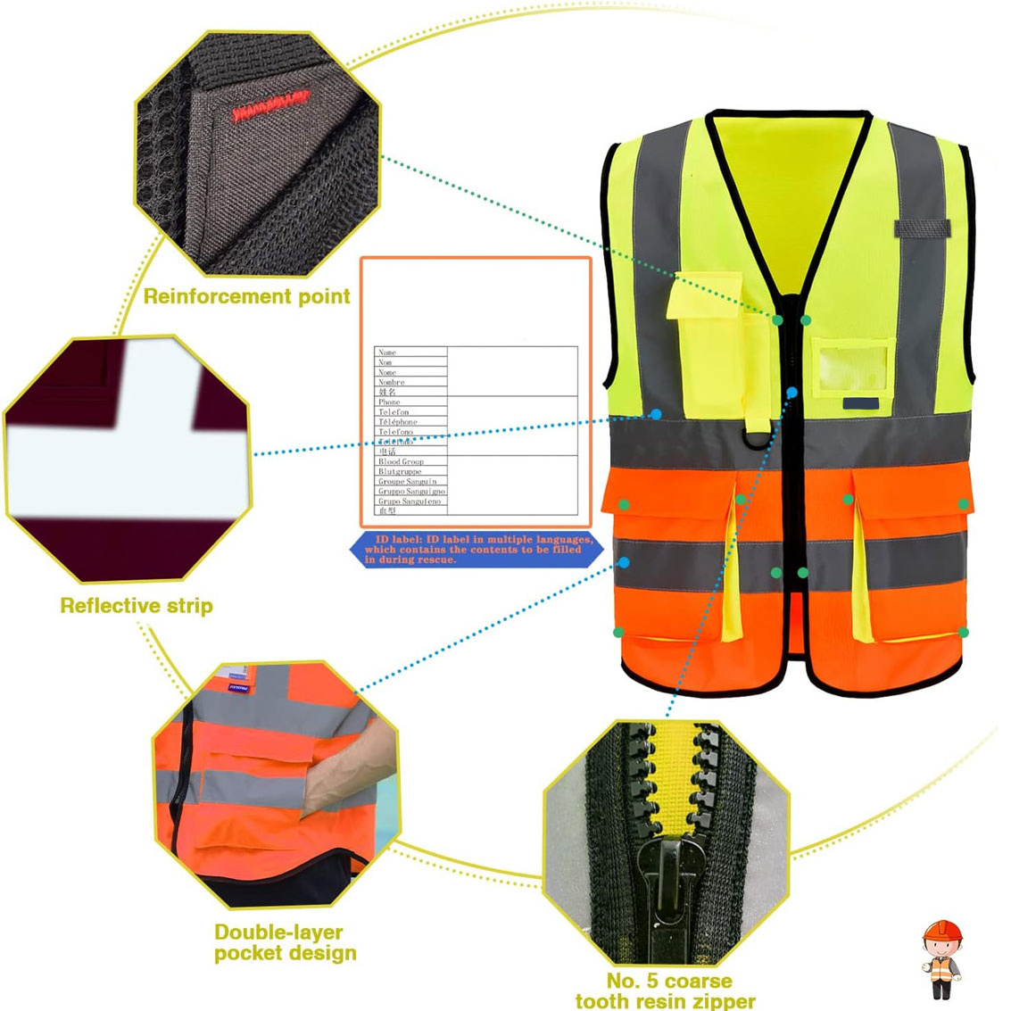 Breathable Polyester Reflective High Visibility Workwear Work Zipper Custom Logo High Visibility Reflective Safety Vest