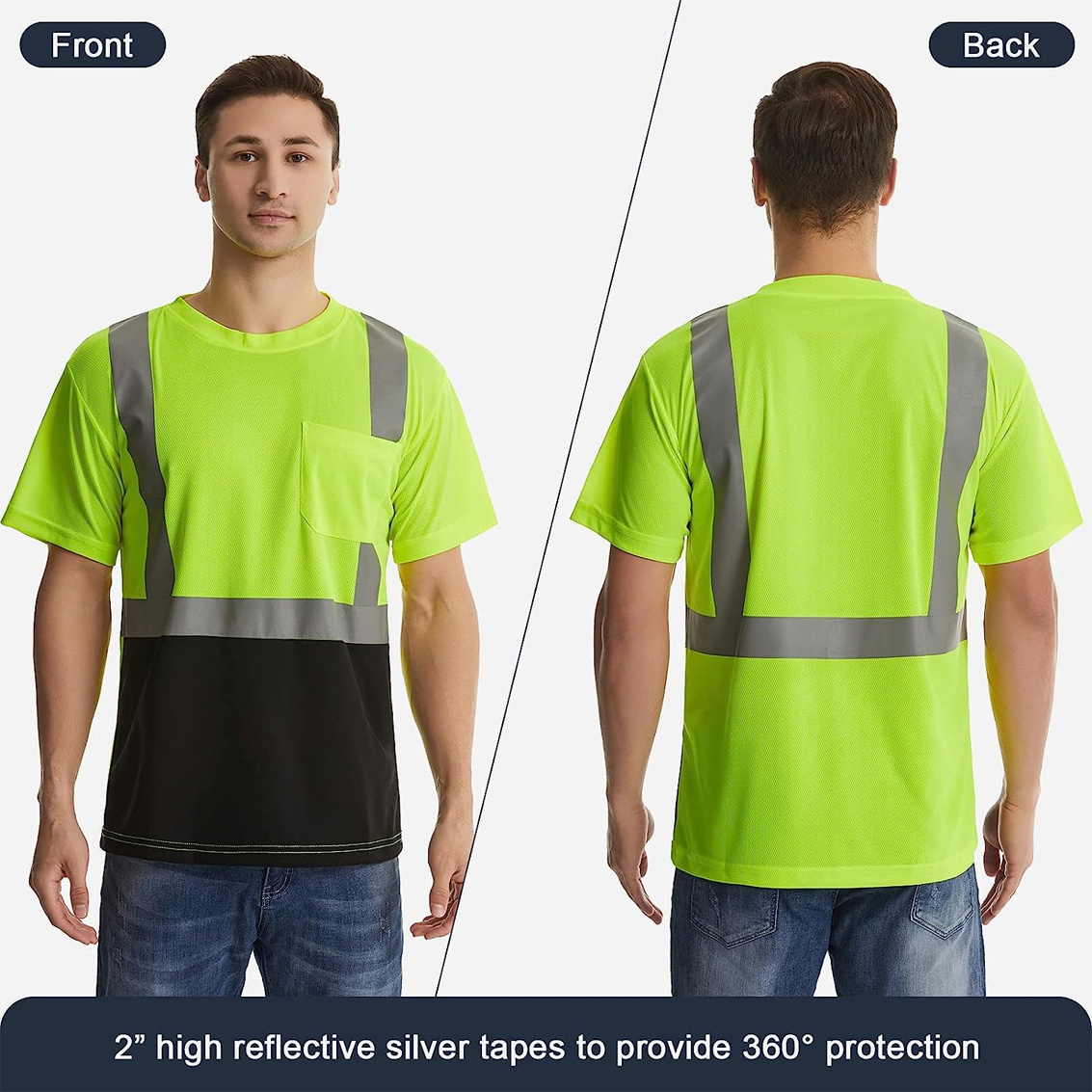 Men's Hi Vis Reflective Crew Neck Short Sleeve T Shirt Reflective Strip Short Sleeve Polyester Fabric And Shoulder Straps