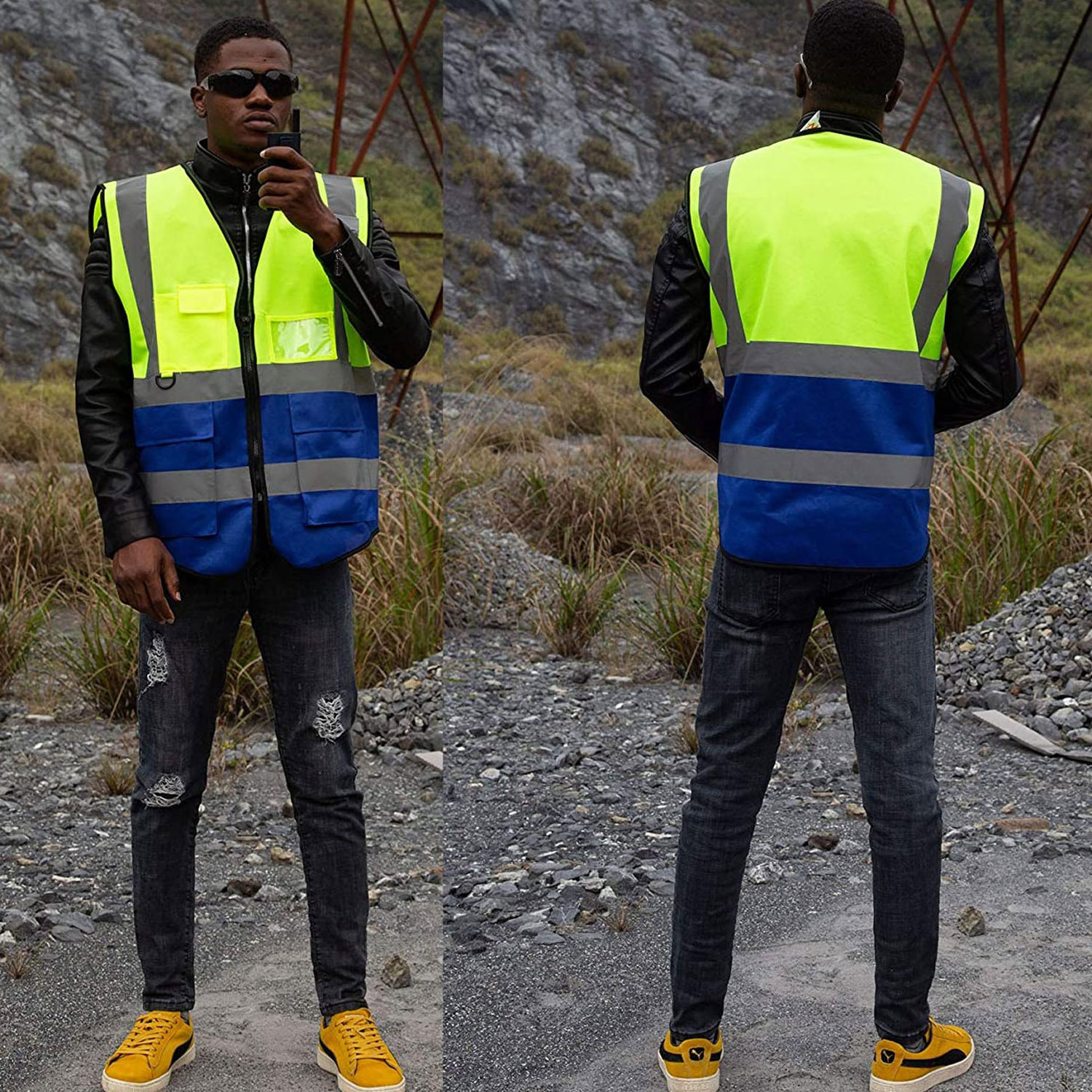 Multi Pocket Reflective Vest, With Reflective Strips Safety Work Vest For Construction Outdoor Mix Yellow & Blue Custom Color Wh