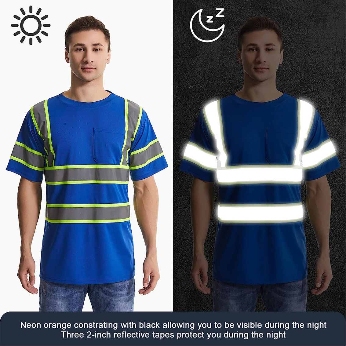 Construction Work Class 2 Shirt for Men/Women Reflective Dry Fit High Visibility Short Sleeve Blue Hi Vis Safety Shirts