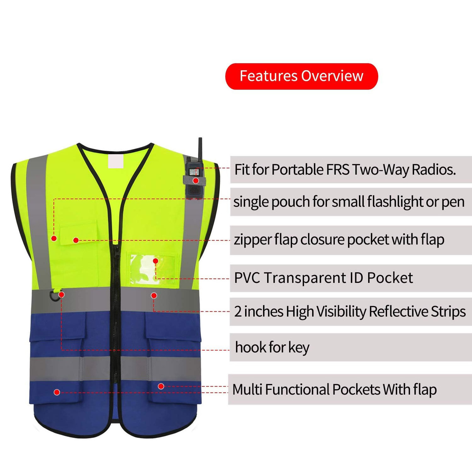 Multi Pocket Reflective Vest, With Reflective Strips Safety Work Vest For Construction Outdoor Mix Yellow & Blue Custom Color Wh