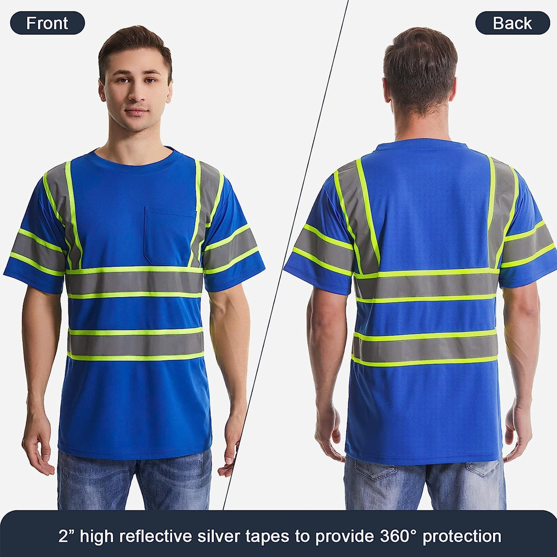 Construction Work Class 2 Shirt for Men/Women Reflective Dry Fit High Visibility Short Sleeve Blue Hi Vis Safety Shirts