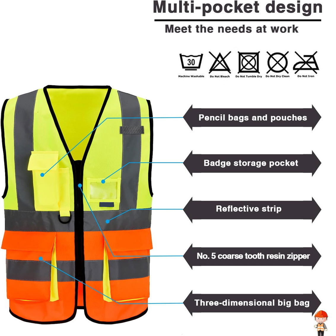 Breathable Polyester Reflective High Visibility Workwear Work Zipper Custom Logo High Visibility Reflective Safety Vest