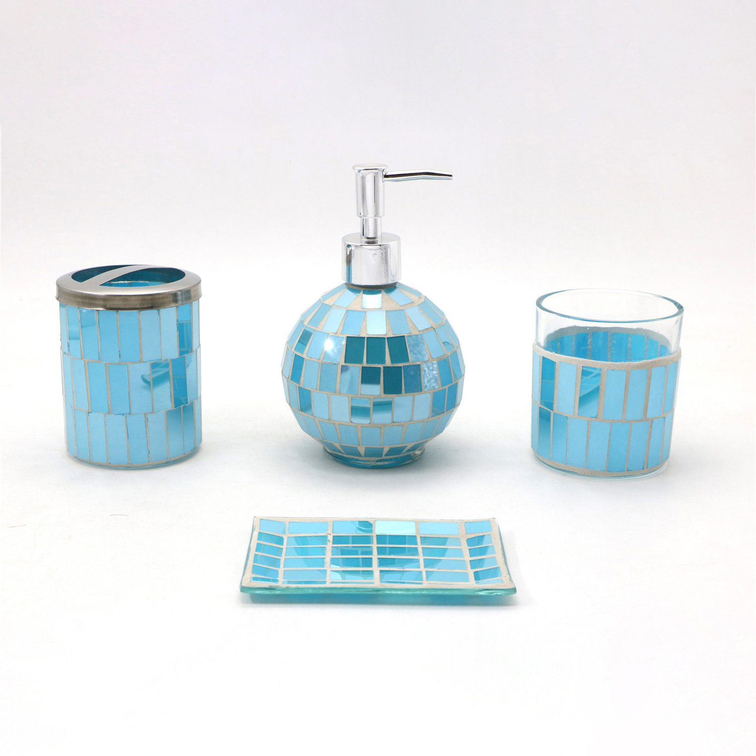 Mosaic Style Blue Bathroom Accessories 4pcs Glass Set